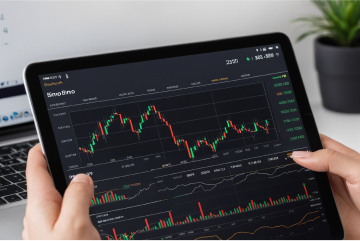 Laptop in hands witch charts cryptocurrency.