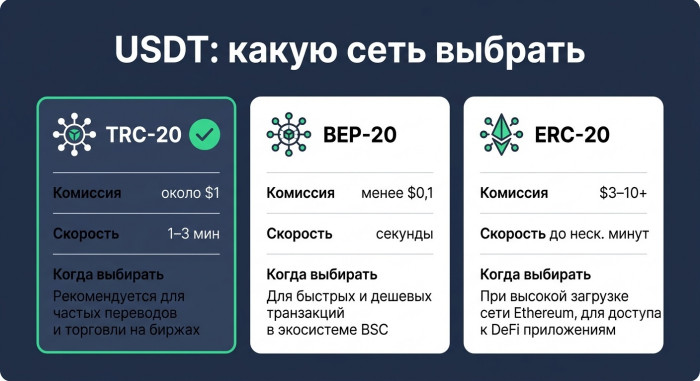 ��������� ����� USDT TRC-20, ERC-20 � BEP-20 �� �������� � ��������